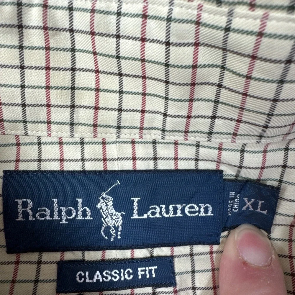 Ralph Lauren Button Down Shirt Mens XL Cream Tattersall Check Classic Fit Cotton